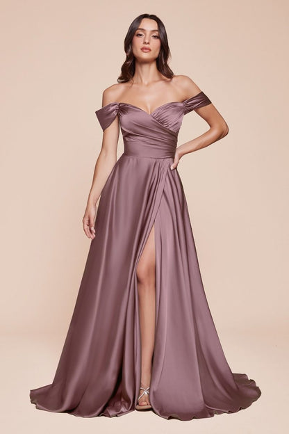 JILLIAN GOWN A- SOFT SATIN OFF THE SHOULDER DRESS