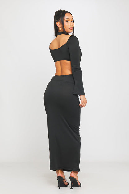 Black High Neck Keyhole Cut Out Flared Sleeve Midi Dress