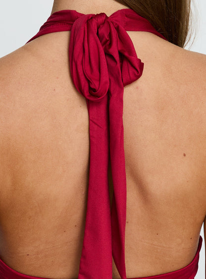 Emara Halter Asymmetrical Midi Dress Red