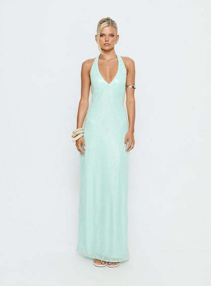Isanna Halter Sequin Maxi Dress Jelly Mint