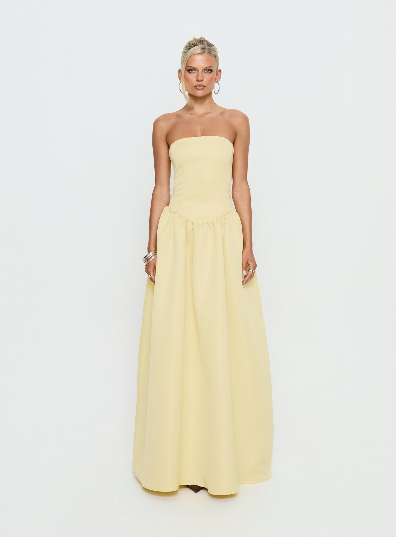 Soft Bloom Drop Waist Strapless Maxi Dress Yellow