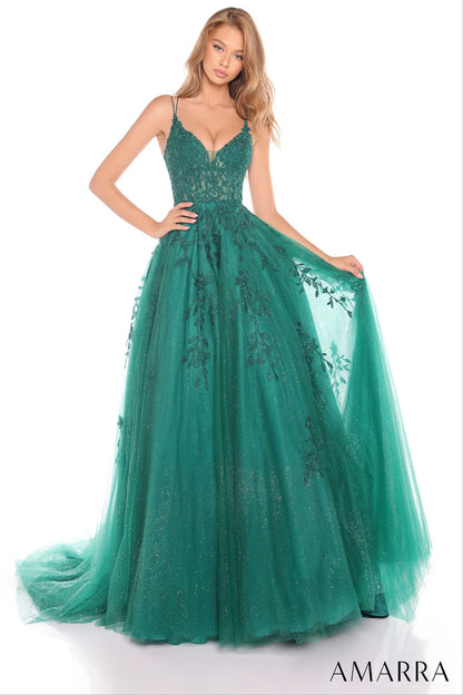 88536 Amarra Floral Ball Gown With Plunging V-Neckline