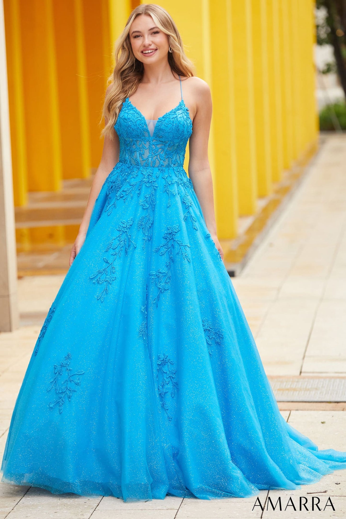 88536 Amarra Floral Ball Gown With Plunging V-Neckline