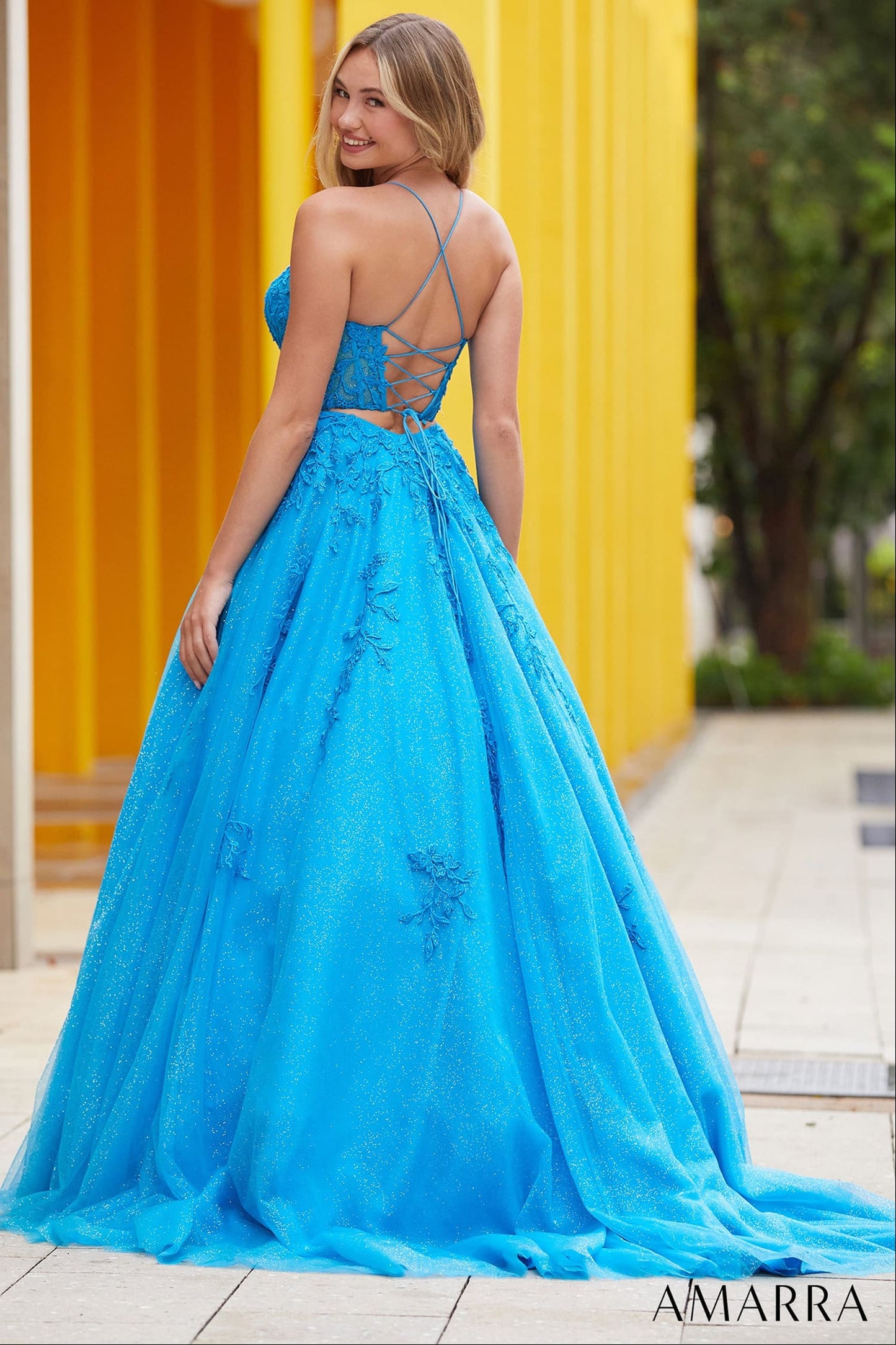 88536 Amarra Floral Ball Gown With Plunging V-Neckline