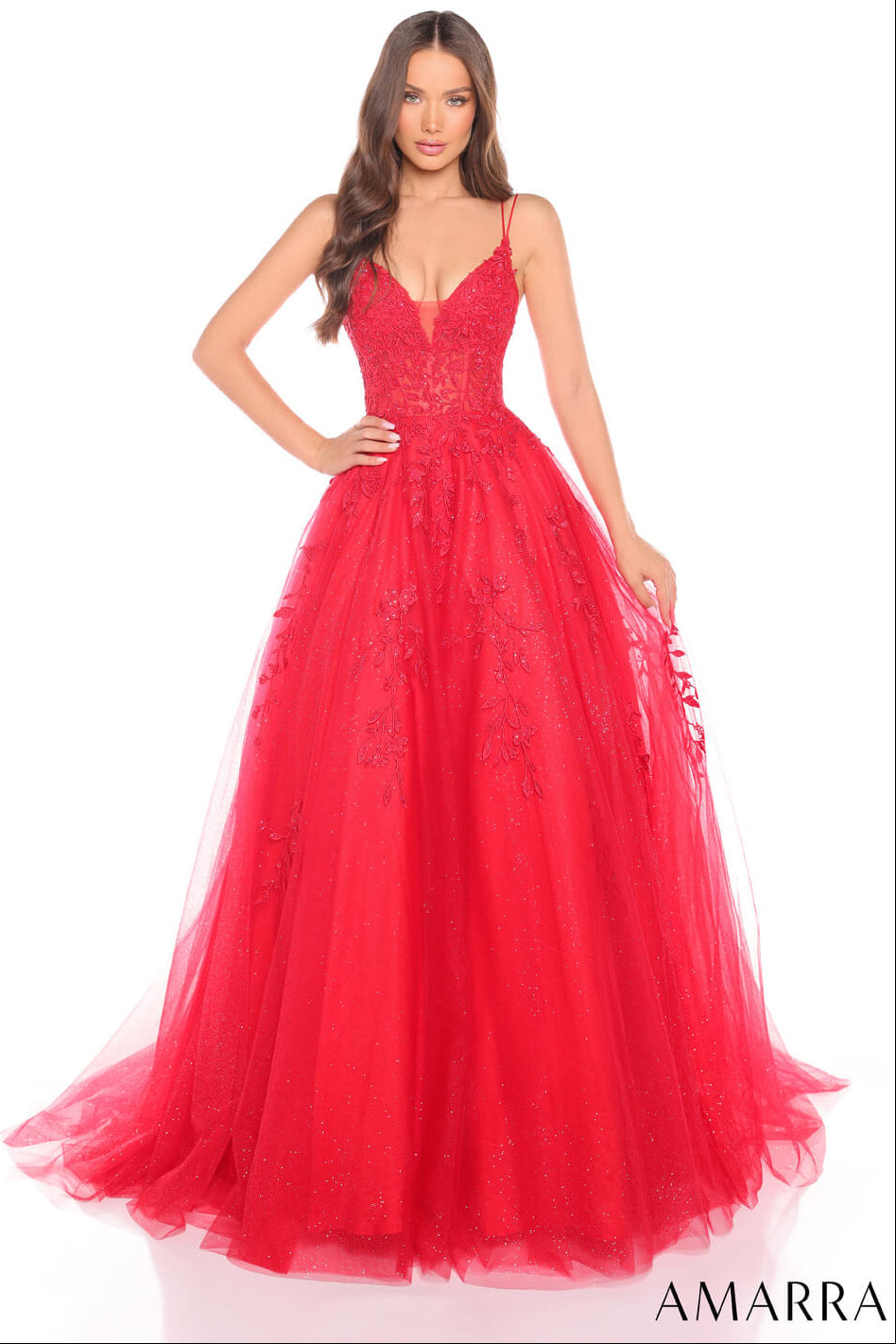 88536 Amarra Floral Ball Gown With Plunging V-Neckline