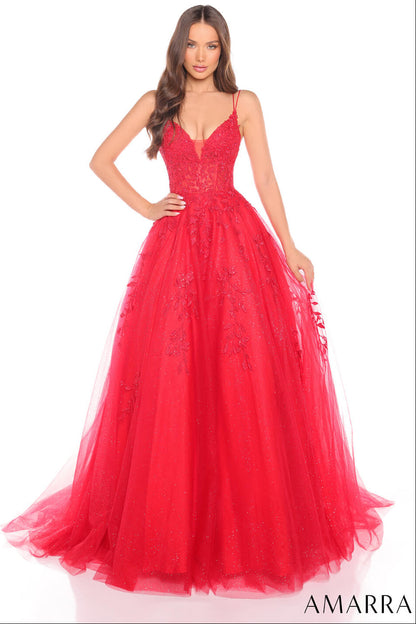 88536 Amarra Floral Ball Gown With Plunging V-Neckline