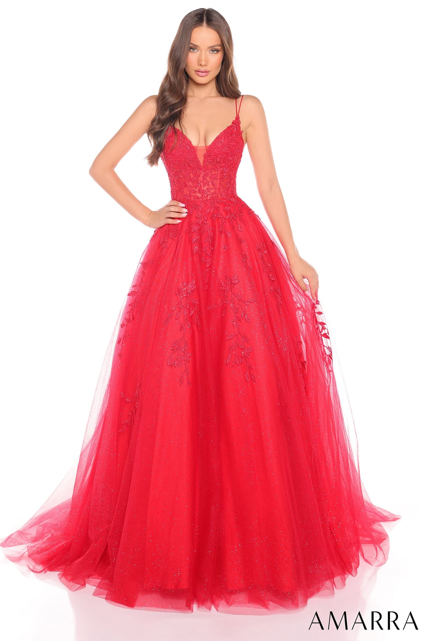 88536 Amarra Floral Ball Gown With Plunging V-Neckline