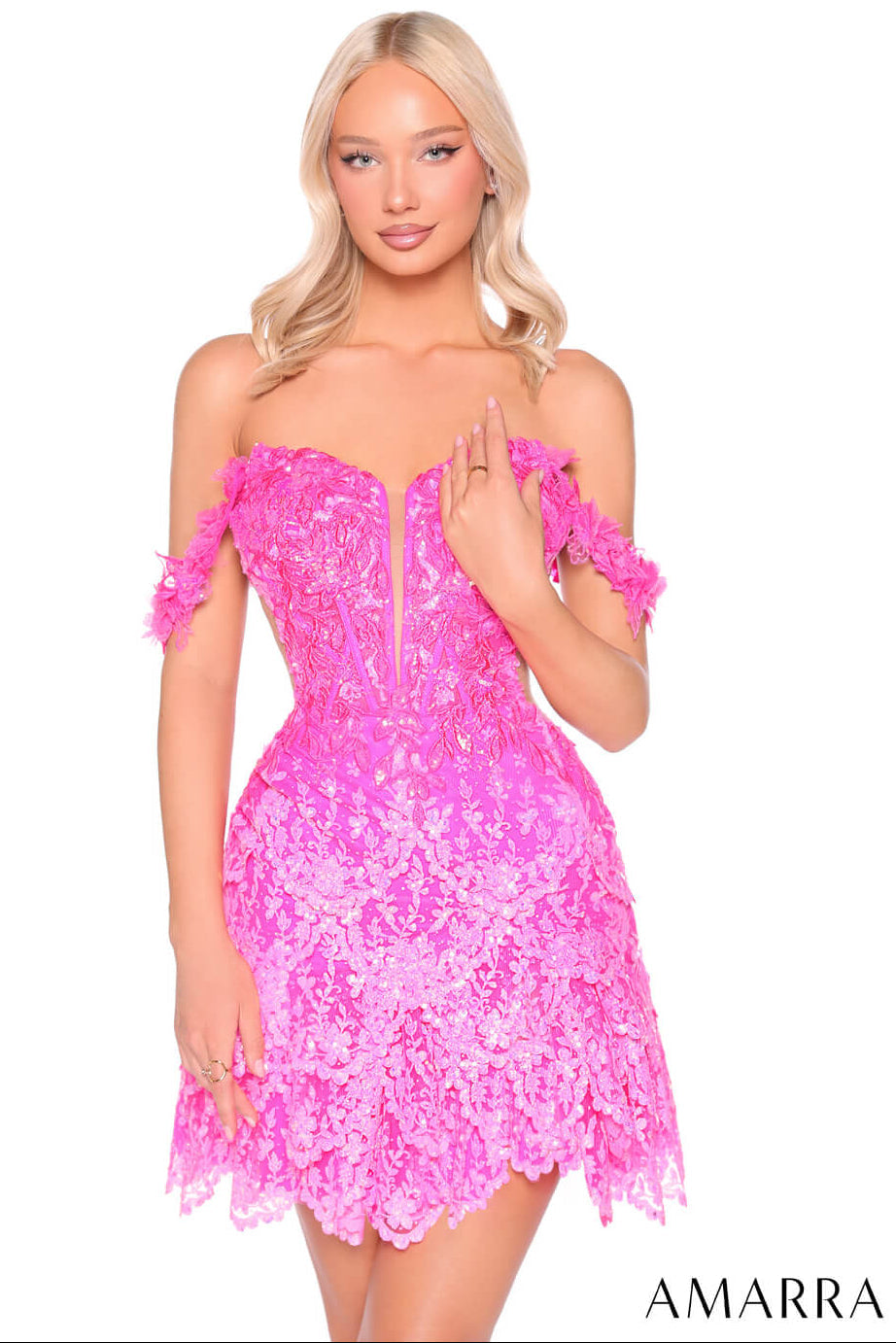 88926 Amarra Off-Shoulder Floral Appliqué Sequin Mini Dress