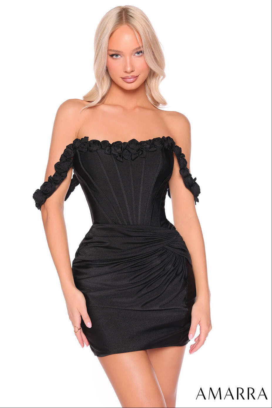 88980 Amarra Off-Shoulder Corset Mini Dress with Floral Rosettes