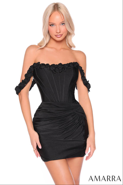 88980 Amarra Off-Shoulder Corset Mini Dress with Floral Rosettes