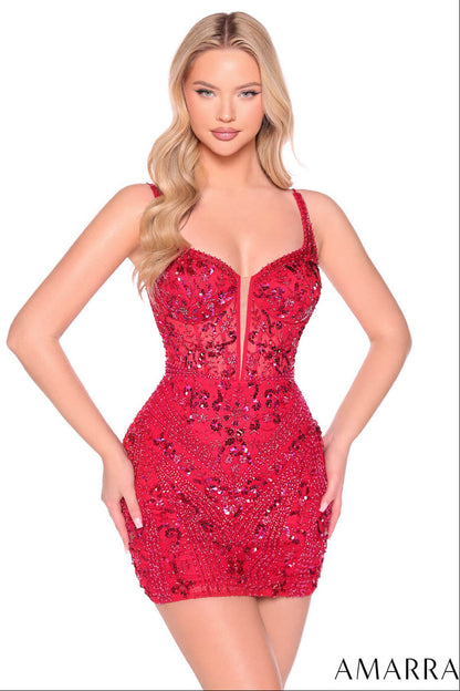 89006 Amarra Sequin Beaded Illusion Mini Dress
