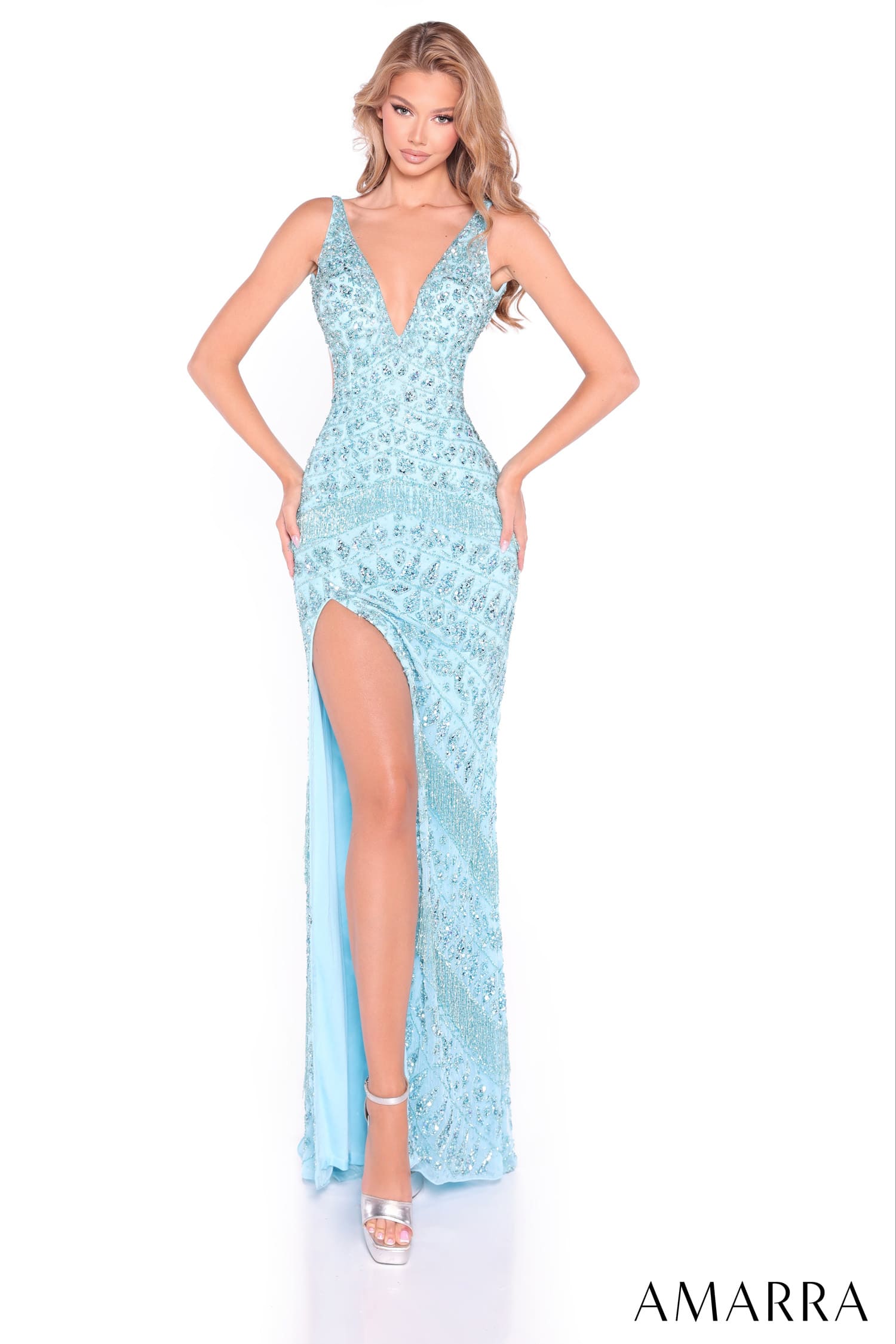 89071 Amarra Beaded Fringe V-Neck Prom Dress