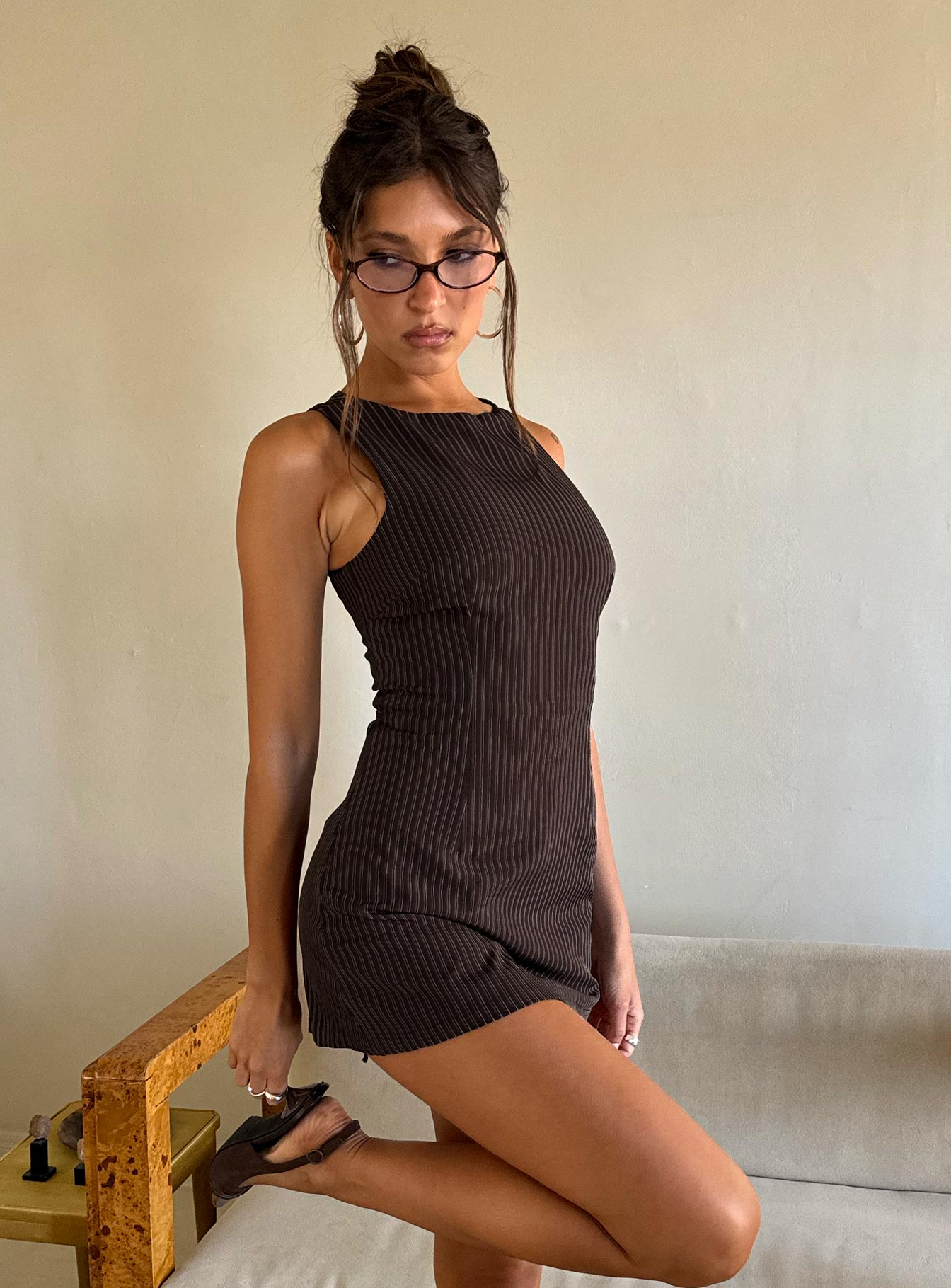 Yumiko Romper Brown Pinstripe