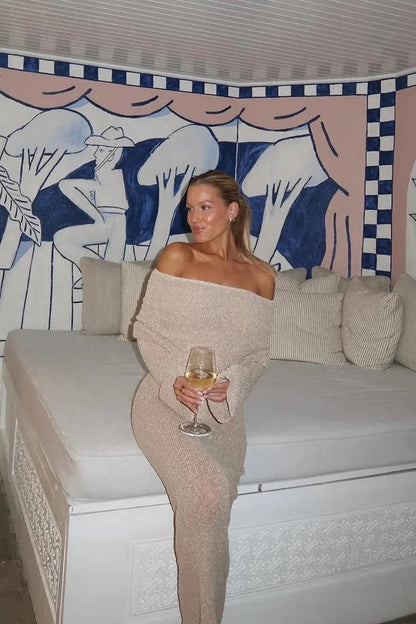 Wheat Knit Off Shoulder Boucle Maxi Dress