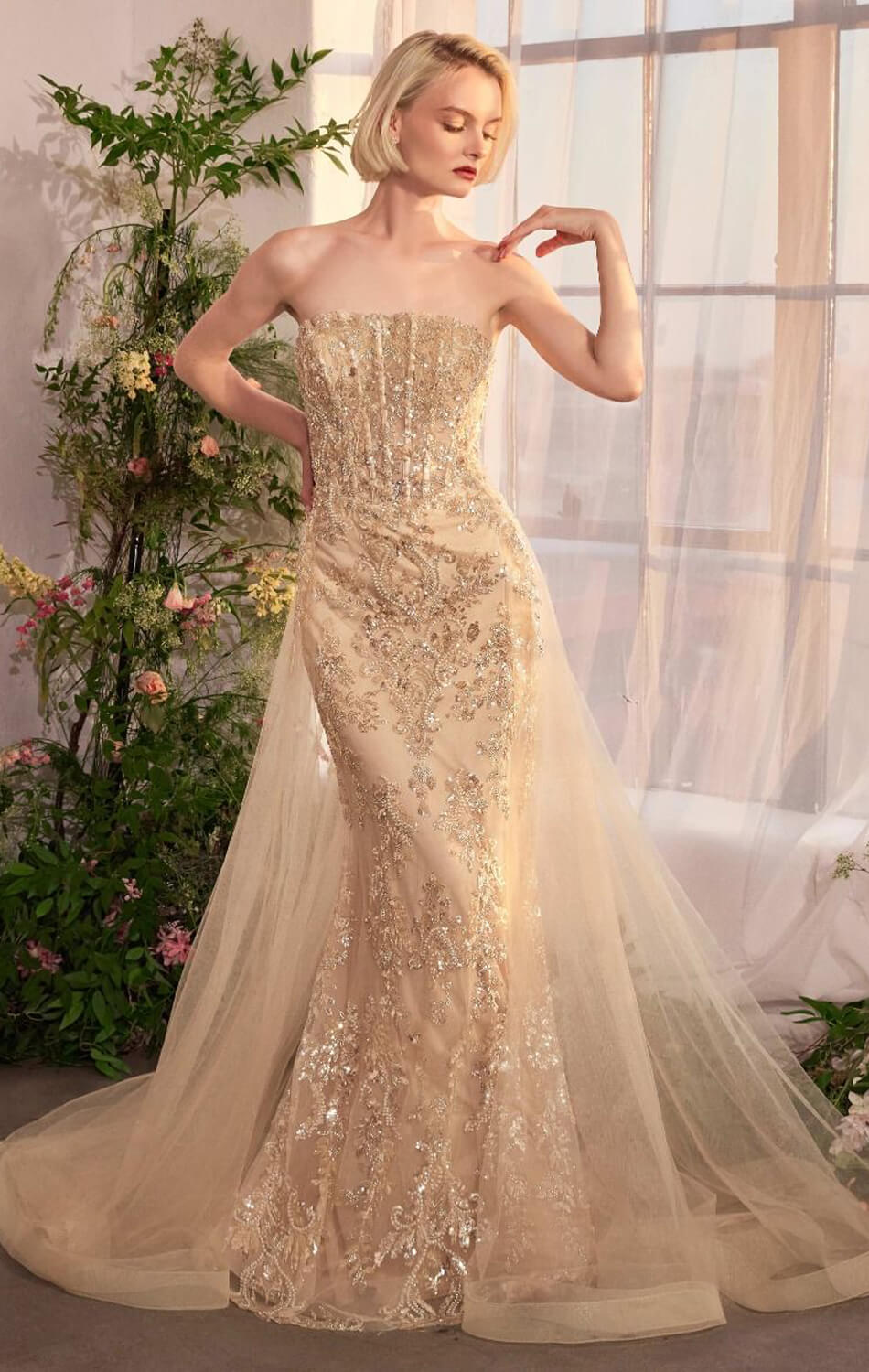 A1365 Strapless Glitter Gown with Overskirt Andrea & Leo