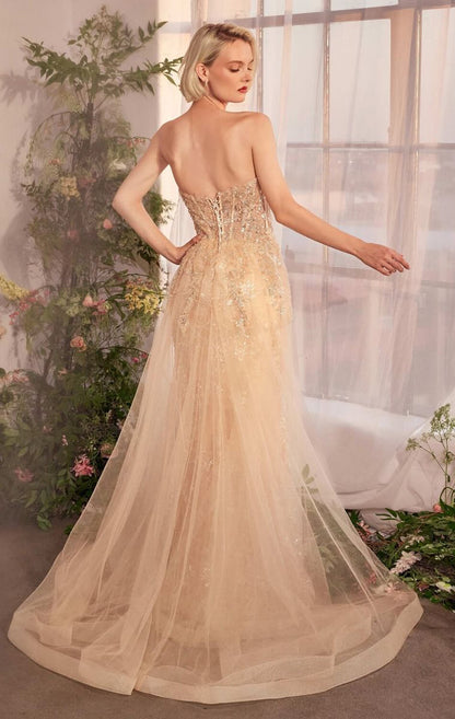 A1365 Strapless Glitter Gown with Overskirt Andrea & Leo