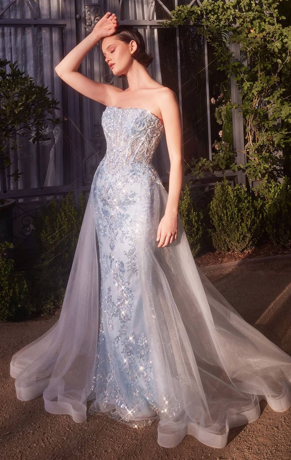 A1365 Strapless Glitter Gown with Overskirt Andrea & Leo