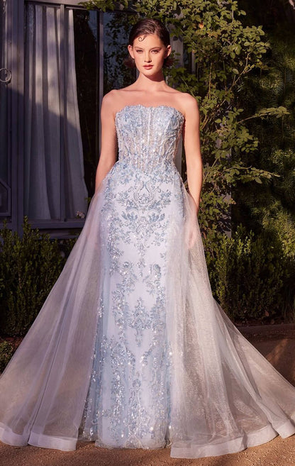 A1365 Strapless Glitter Gown with Overskirt Andrea & Leo