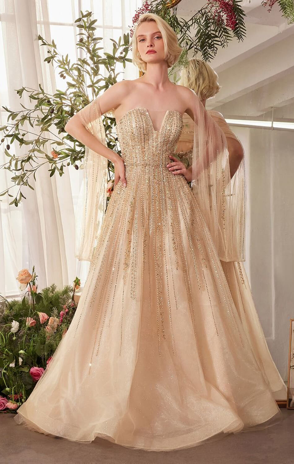 A1369 STRAPLESS BEADED A- DRESS Andrea & Leo