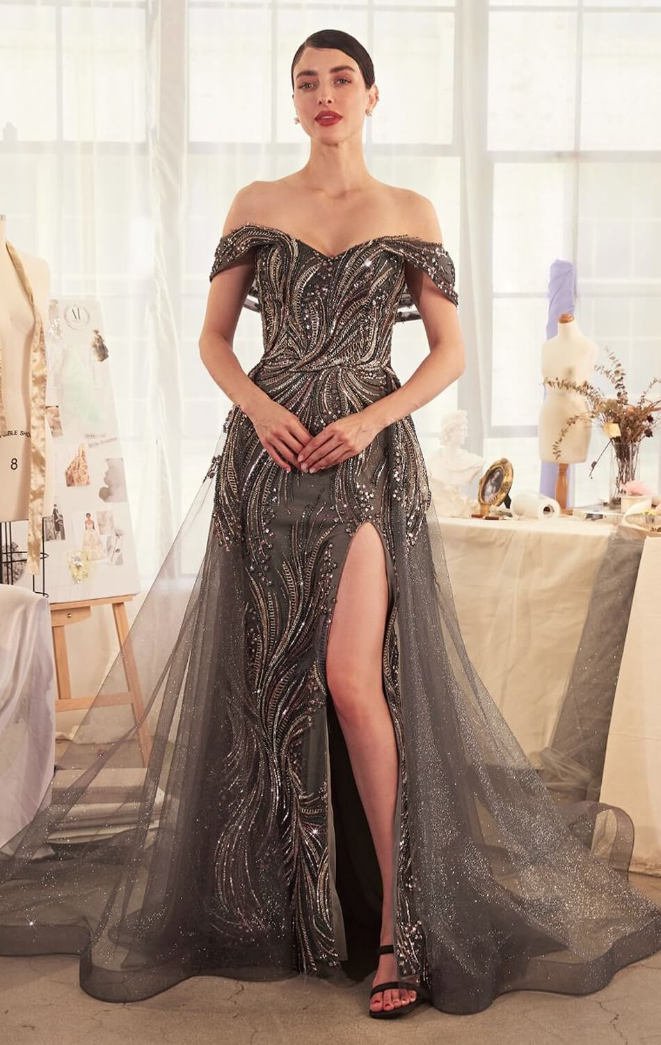 A1375 OFF THE SHOULDER BEADED GOWN & OVERSKIRT Andrea & Leo