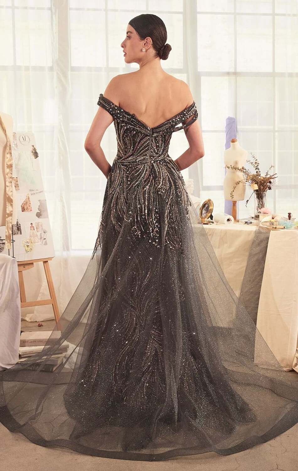 A1375 OFF THE SHOULDER BEADED GOWN & OVERSKIRT Andrea & Leo
