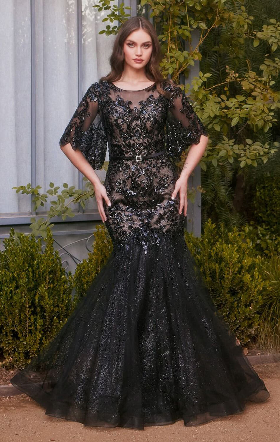 A1377 FLORAL MOTIF SEQUIN MERMAID GOWN Andrea & Leo
