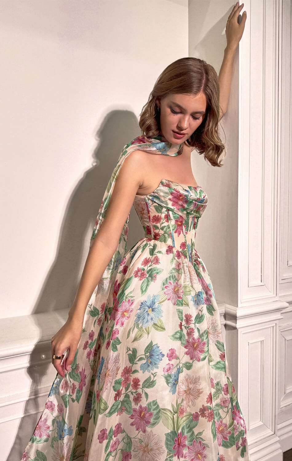 A1425 Tossed Bouquet Printed Organza Dress With Scarf Andrea & Leo