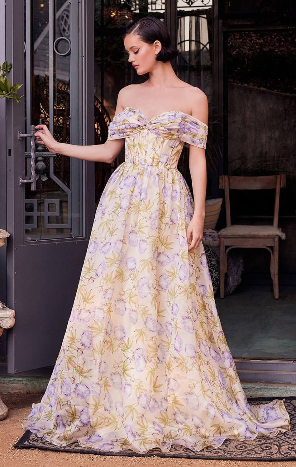 A1466 FLORAL PRINTED OFF THE SHOULDER A- DRESS Andrea & Leo