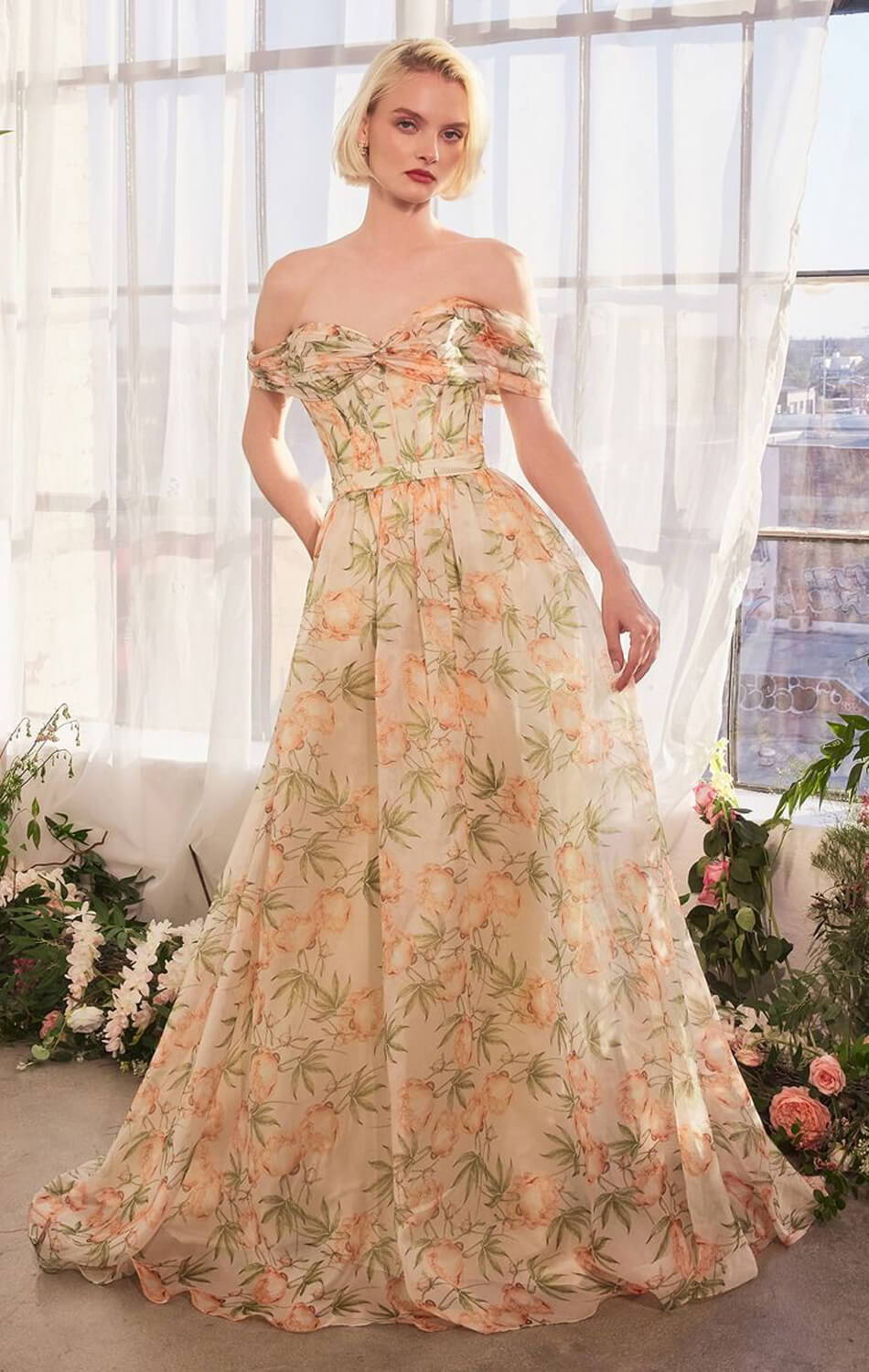 A1466 FLORAL PRINTED OFF THE SHOULDER A- DRESS Andrea & Leo