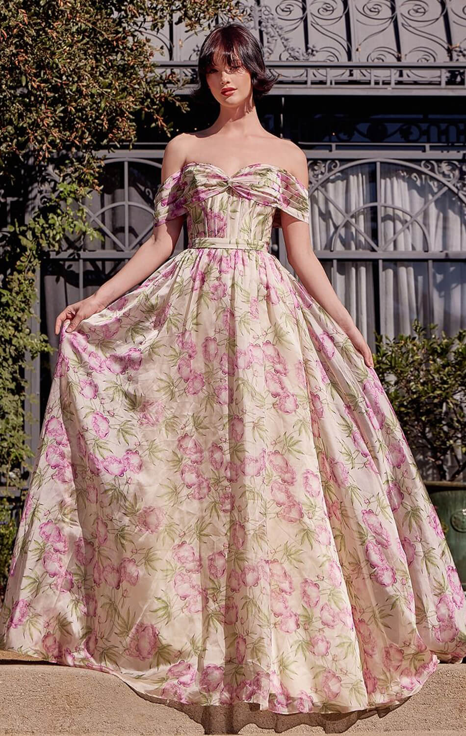 A1466 FLORAL PRINTED OFF THE SHOULDER A- DRESS Andrea & Leo