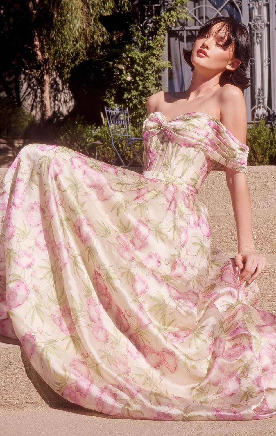A1466 FLORAL PRINTED OFF THE SHOULDER A- DRESS Andrea & Leo