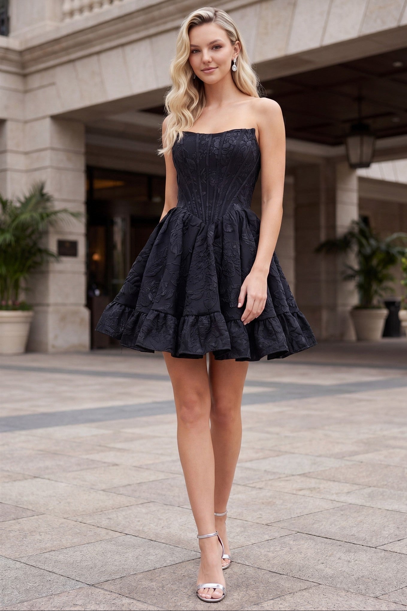 Fawn Mini Dress Floral Jacquard Homecoming Dress