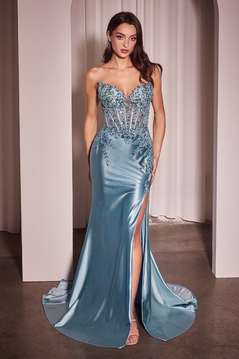 ALEXIS GOWN SATIN & LACE STRAPLESS FITTED GOWN