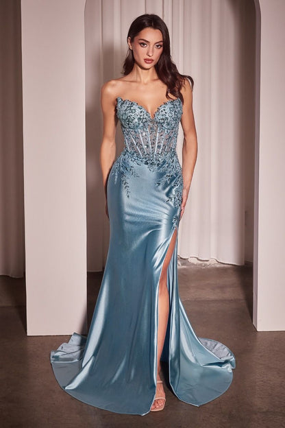 ALEXIS GOWN SATIN & LACE STRAPLESS FITTED GOWN