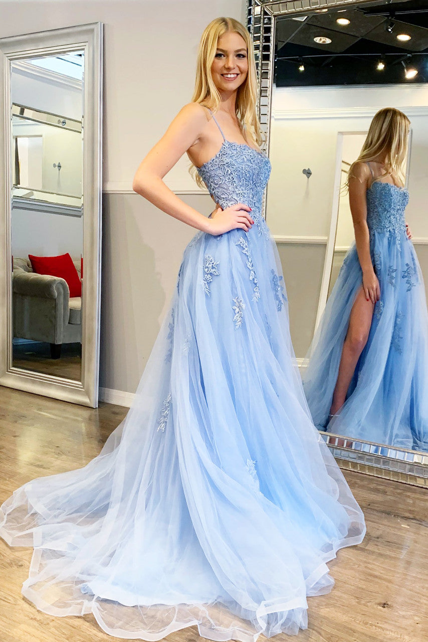 Alisha Gown Light Blue Tulle A- Dress With Open Back