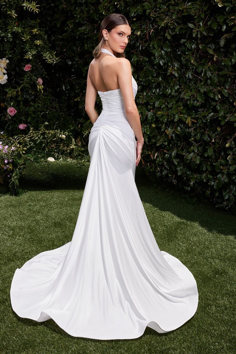 Autumn Gown Off-White Stretch Spandex Satin Halter Fitted Dress