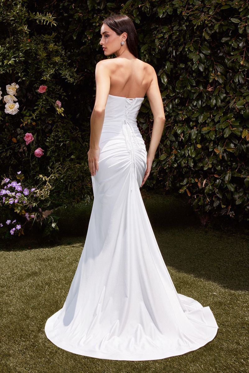 AVA POINTED V-NECKLINE GOWN OFF WHITE STRAPLESS STRETCH SPANDEX SATIN FITTED DRESS