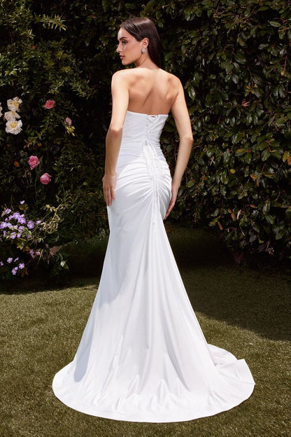 AVA POINTED V-NECKLINE GOWN OFF WHITE STRAPLESS STRETCH SPANDEX SATIN FITTED DRESS