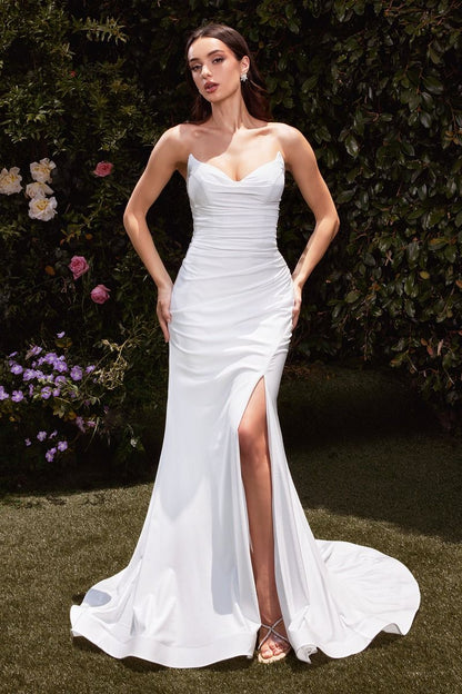 AVA POINTED V-NECKLINE GOWN OFF WHITE STRAPLESS STRETCH SPANDEX SATIN FITTED DRESS