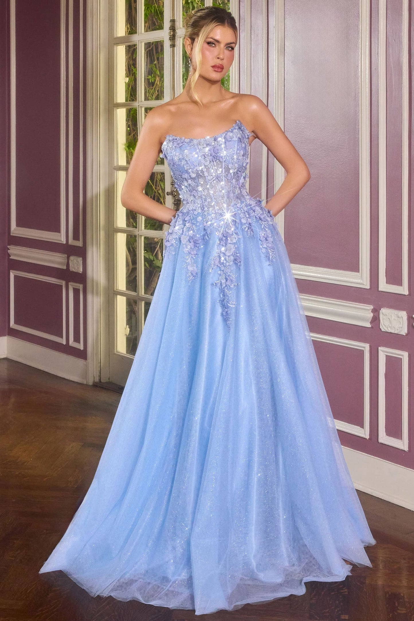 April Scoop Neck Ball Gown with Floral Appliqué