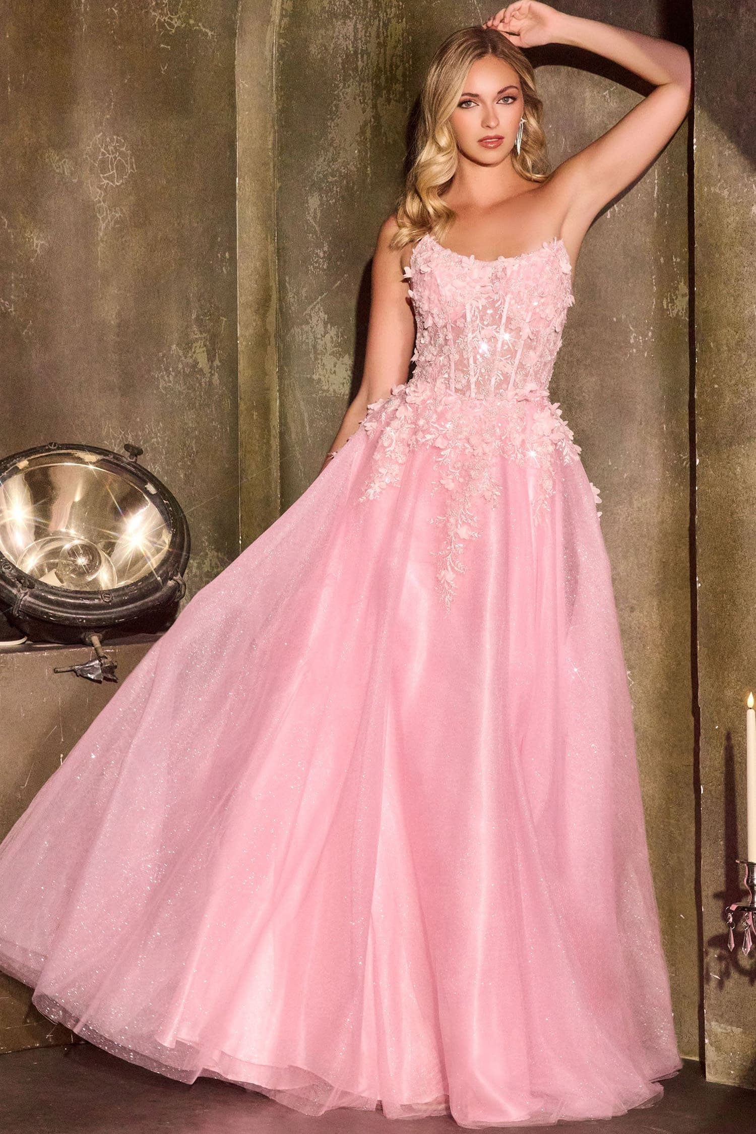 April Scoop Neck Ball Gown with Floral Appliqué