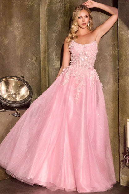 April Scoop Neck Ball Gown with Floral Appliqué