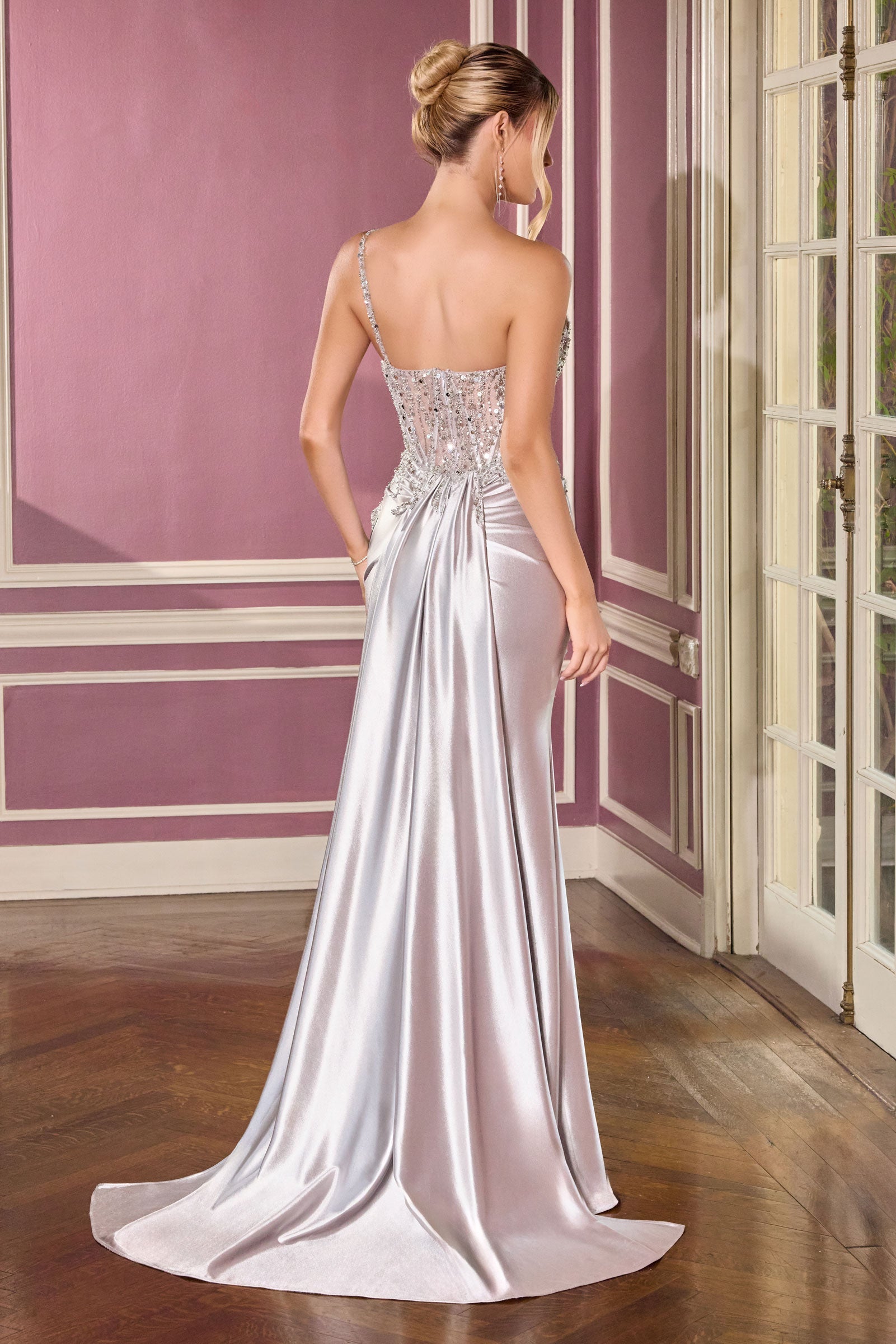 Kendra Gown Silver Dress With Train & Skirt Inset Detail
