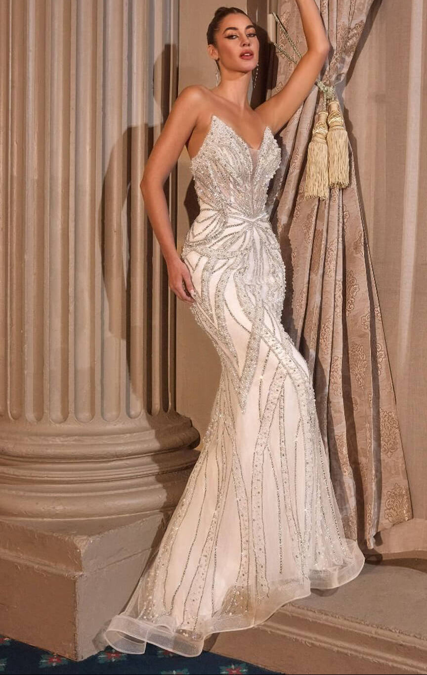 ADRIENNE GOWN OFF WHITE PEARL & CRYSTAL STRAPLESS FITTED DRESS