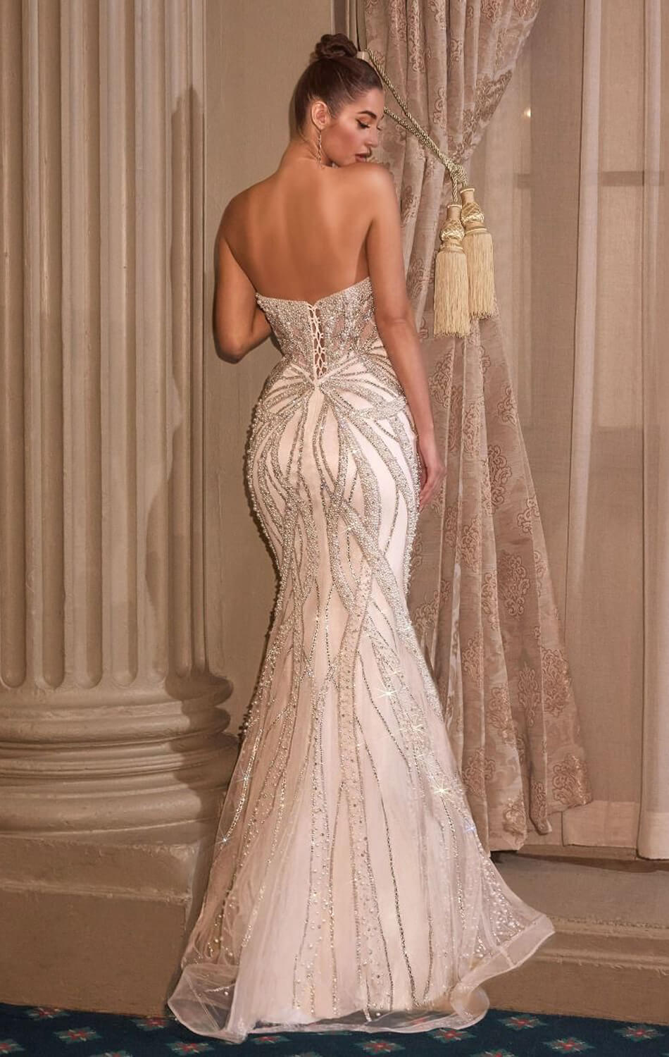 ADRIENNE GOWN OFF WHITE PEARL & CRYSTAL STRAPLESS FITTED DRESS