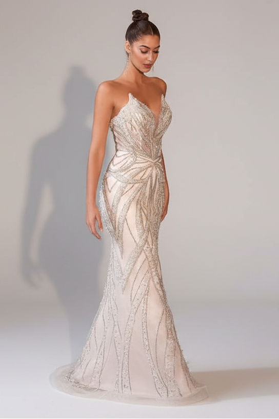 ADRIENNE GOWN OFF WHITE PEARL & CRYSTAL STRAPLESS FITTED DRESS