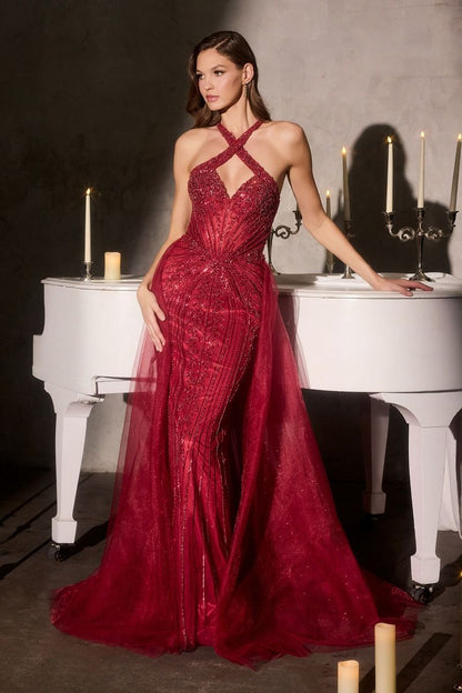 Chevonne Gown Beaded Halter Dress With Overskirt