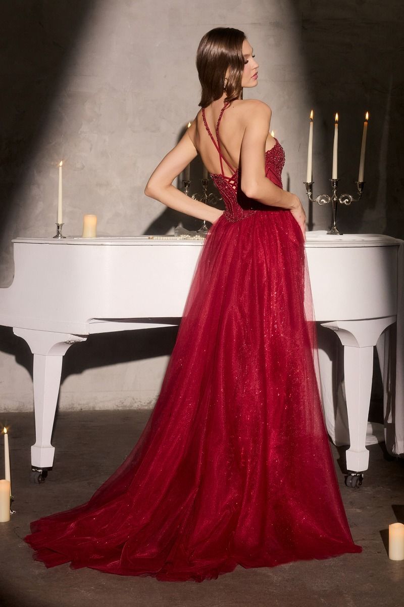 Chevonne Gown Beaded Halter Dress With Overskirt