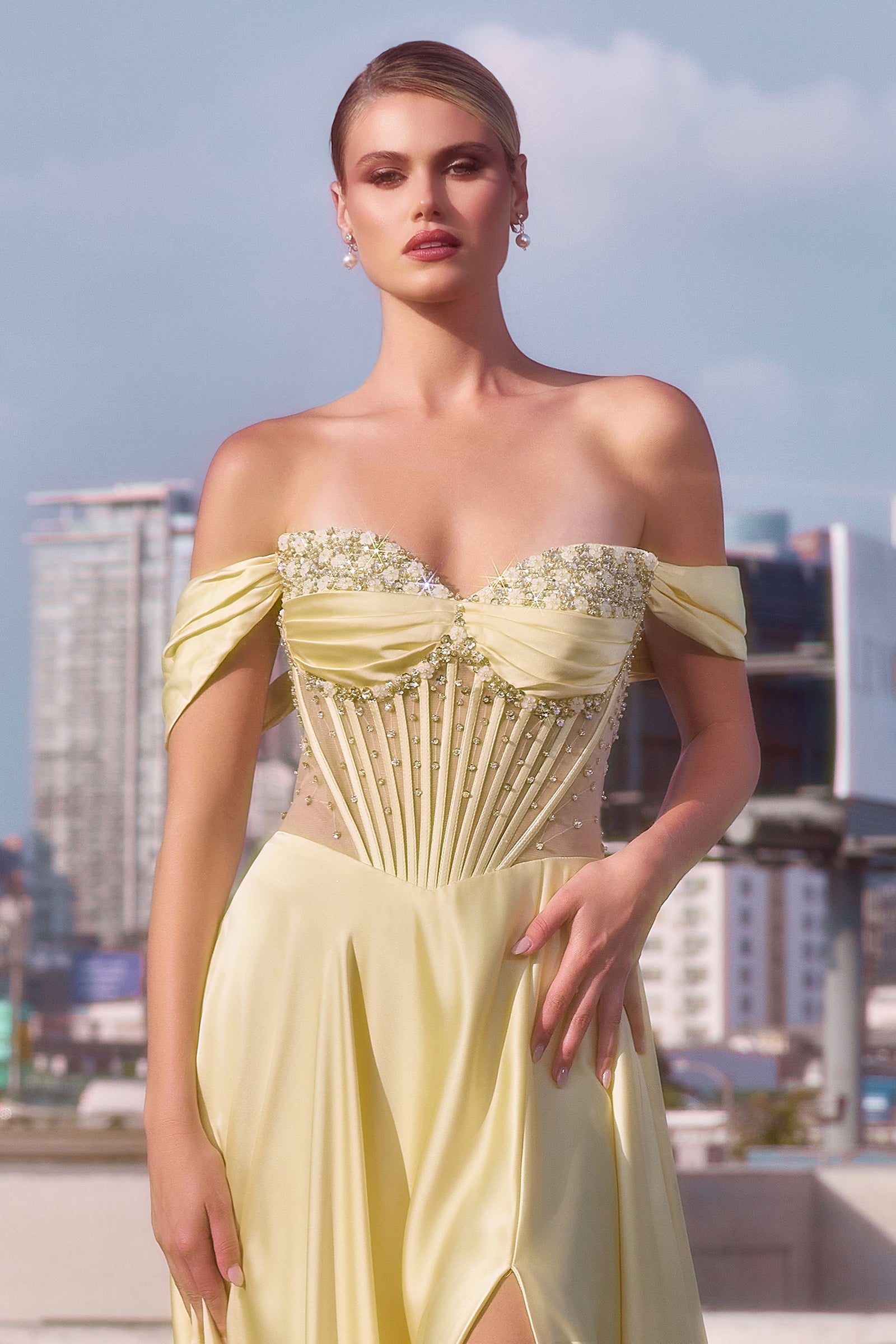 Melanie Gown A- Dress with Beaded Bodice & Corset Back