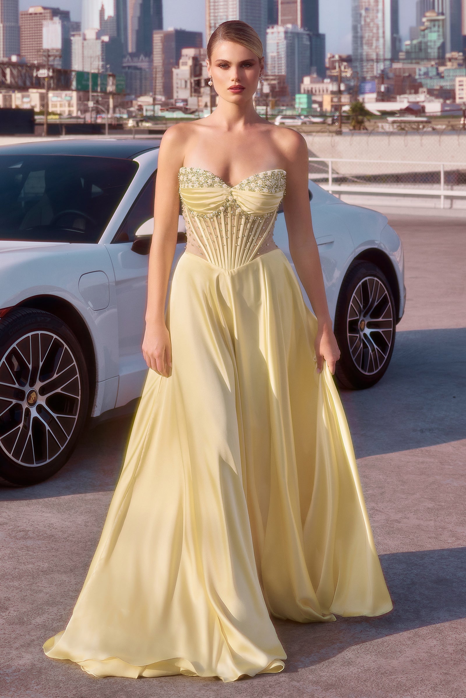 Melanie Gown A- Dress with Beaded Bodice & Corset Back